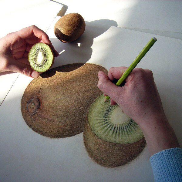 Hände zeichnen eine Kiwi mit Bundstifte